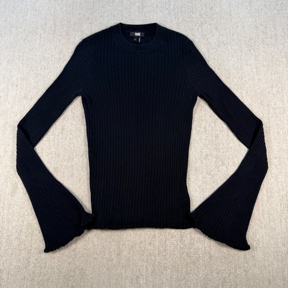 Paige Ribbed Knit Sweater Womens S Black Flared Bell Sleeve Cotton Silk Blend